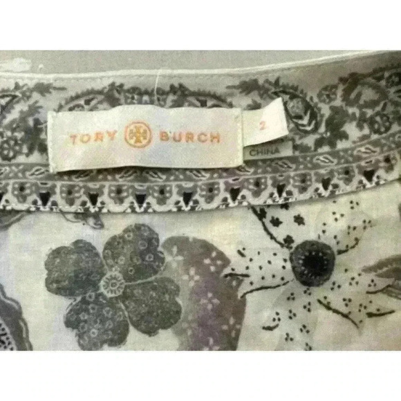 TORY BURCH Embellished Botanical Print Tunic Size 2 Floral Green Tan - Picture 8 of 9
